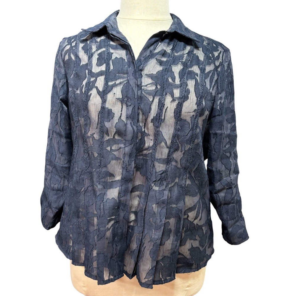 Coldwater Creek Navy Burnout Floral Pintuck Button Up Blouse PXL Womens #642
